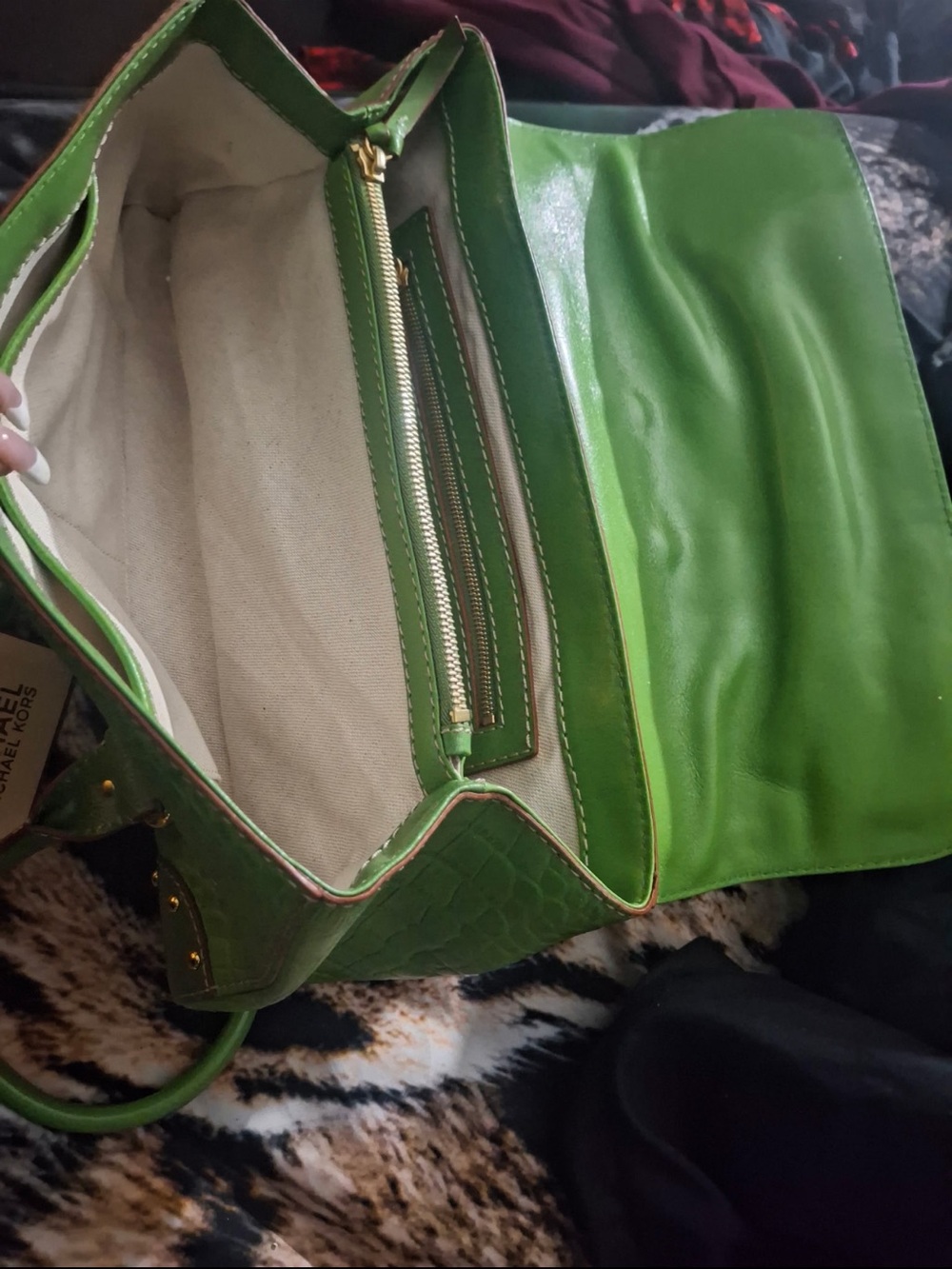 Michael Kors Bright Green Studded Croc-Embossed Satchel - Picture 3 of 3